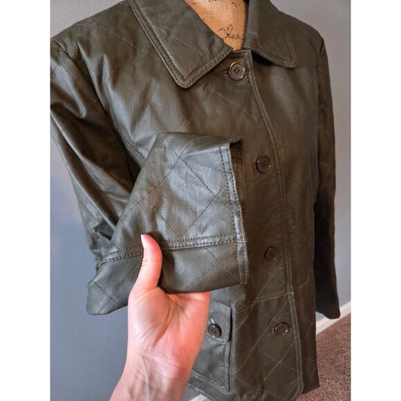Cami 100% leather quilted lined jacket green button front 14W - Picture 2 of 6